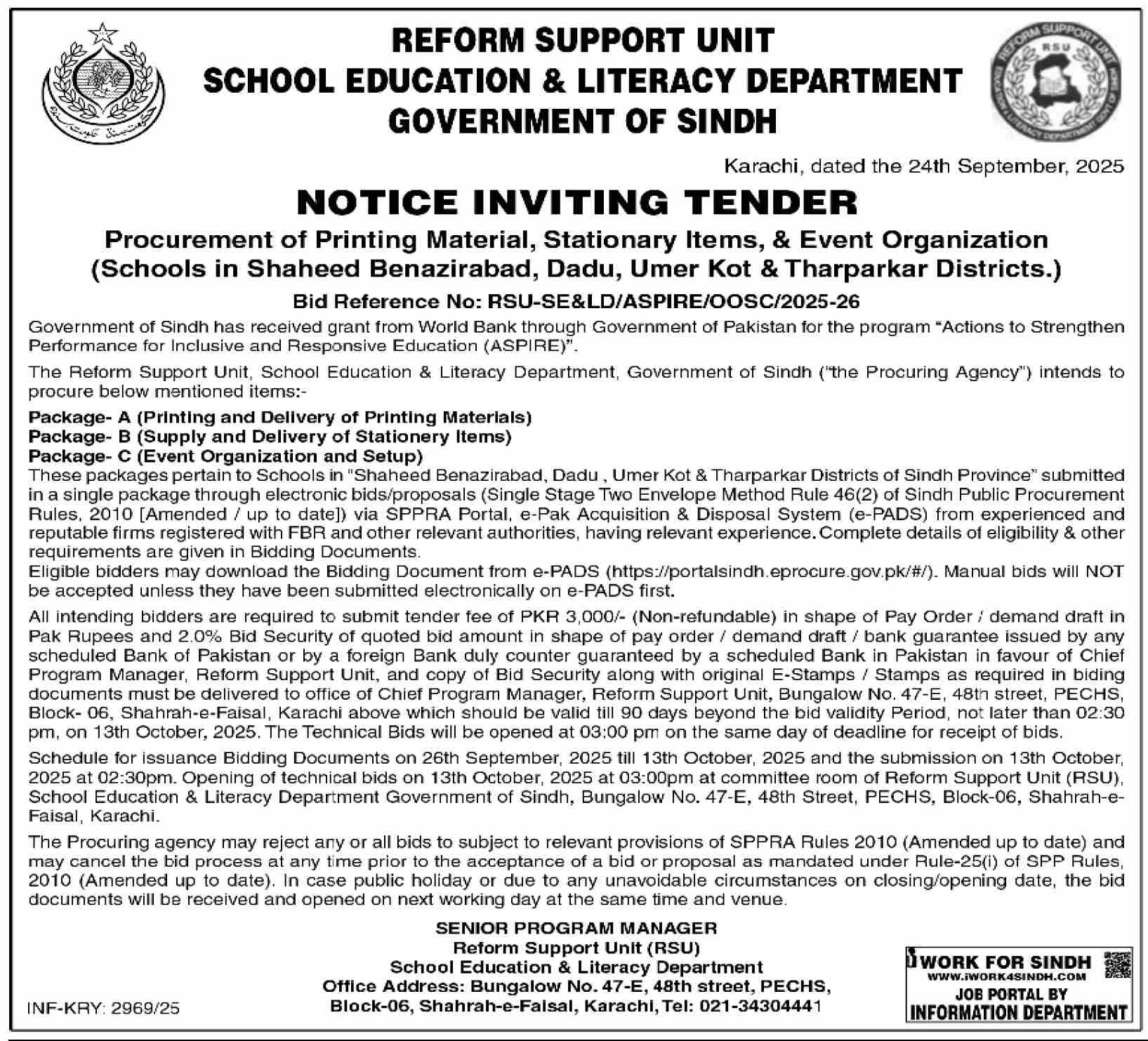 School Education & Literacy Department Karachi Tender Notice